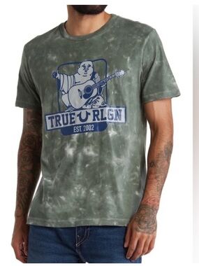 True Religion Olive Green Tie-Dye Graphic Tee with buddha Navy Logo sz large